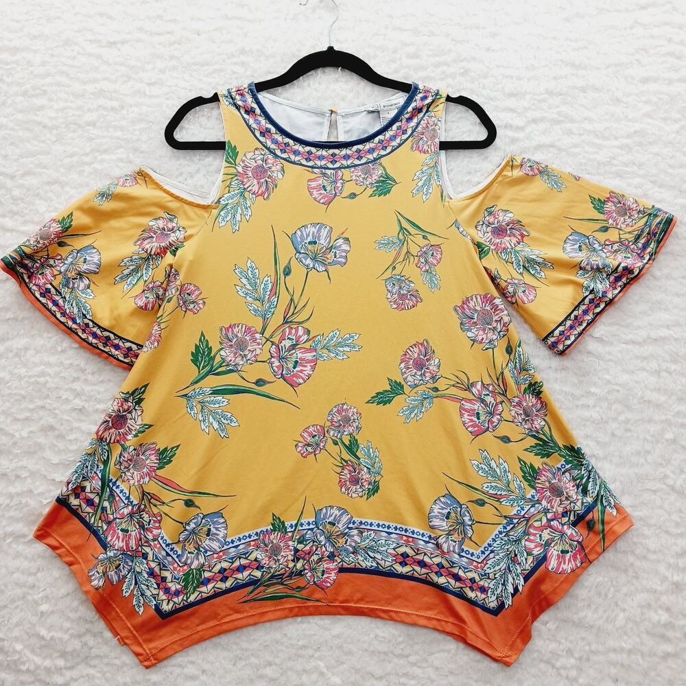 Blouse Yellow Floral Boho Festival Vacation Whimsycore Y2K Handkerchief Hem Sz L